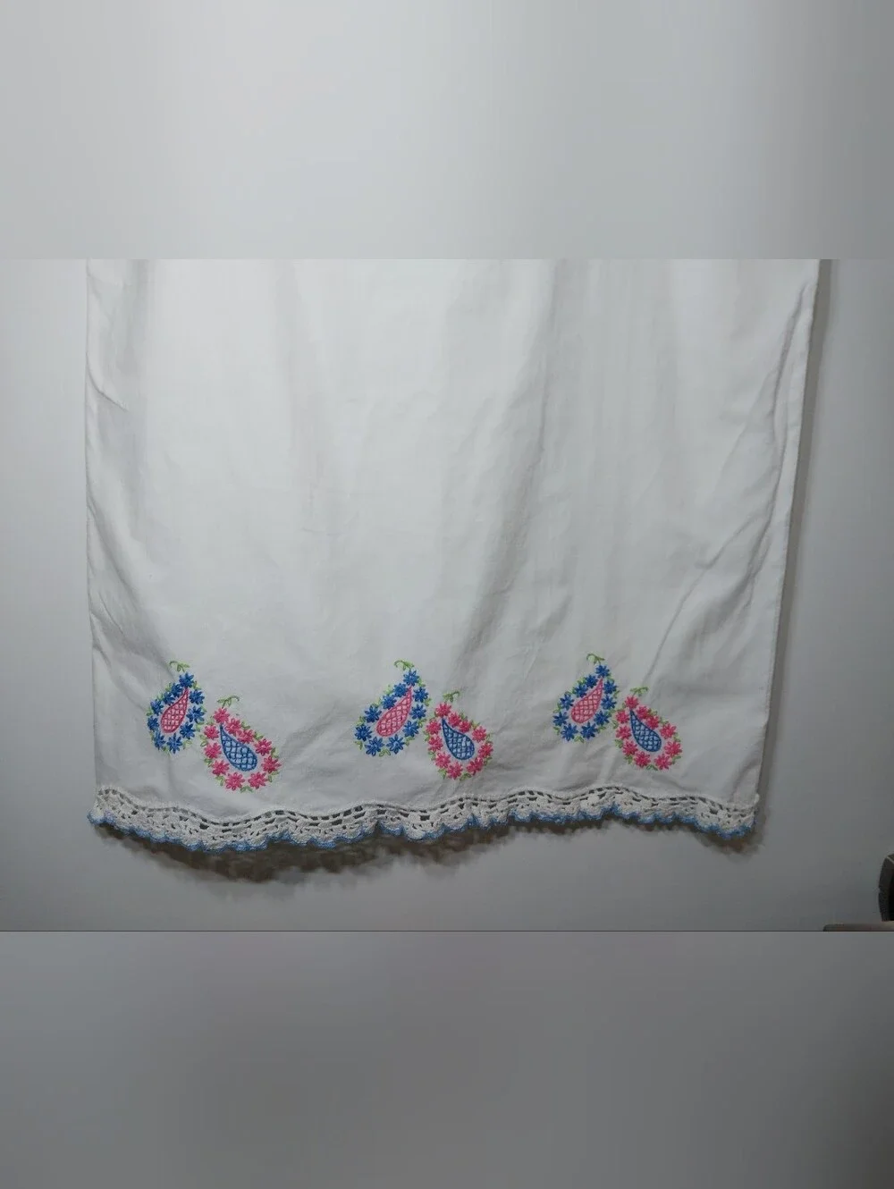 Vintage embroidered standard pillowcase white blue pink flowers